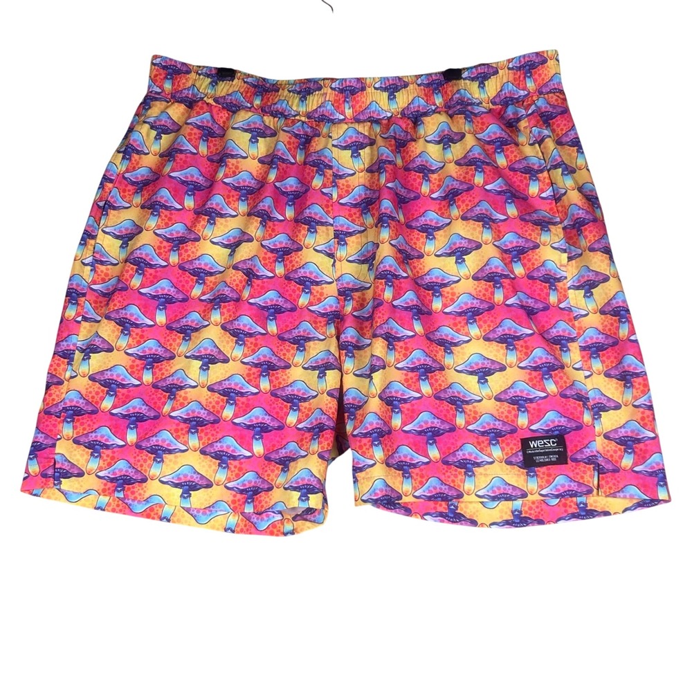 WeSC Mens XL Mushroom Print Swim Trunks Multicolor Psychedelic Board Shorts 6in